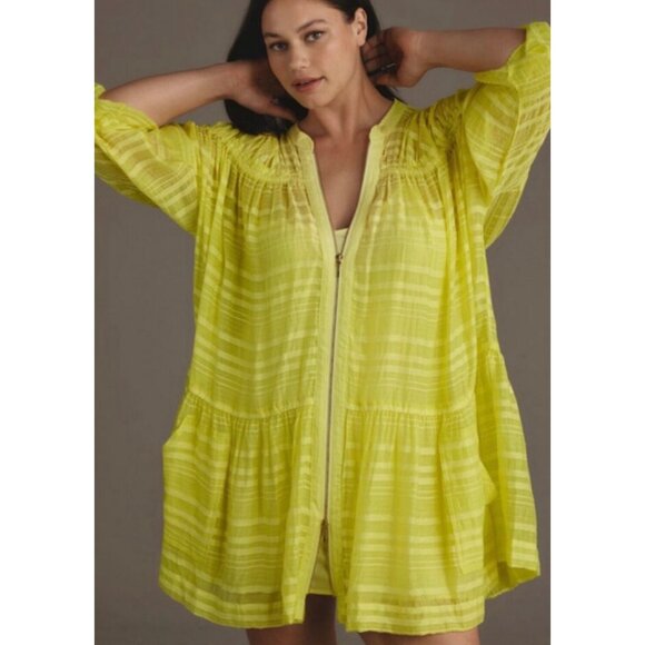 Anthropologie Long-Sleeve Yellow Zip-Front Mini Dress Size S Oversized - Picture 3 of 9